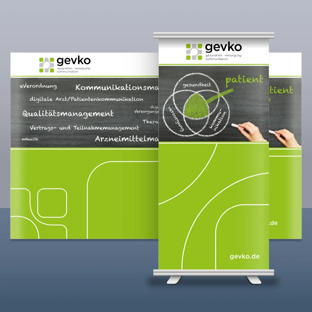 Rollup und Popup-Messewand, gevko GmbH, für die Präsentation auf kleineren Veranstaltungen.